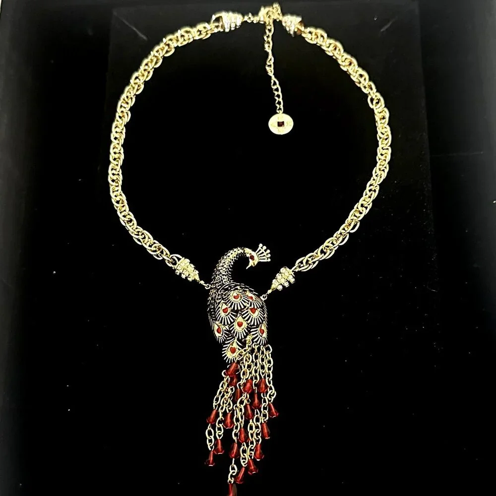 Vintage Red Lotus Peacock Statement Necklace Gold Tone Red Tassel Rhinestone